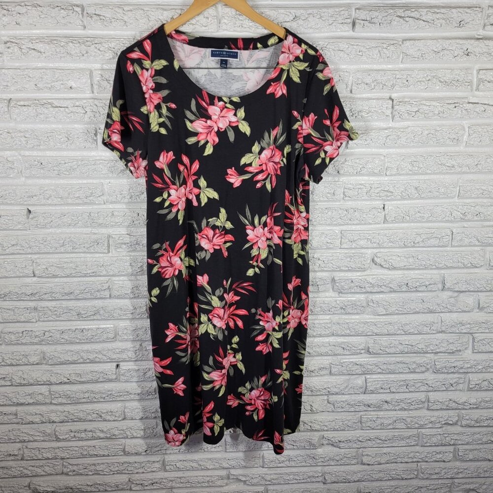 Karen Scott Women's 1X Plus Size Floral T-Shirt Dress Black Pink FLO50E